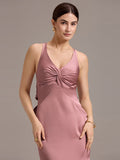 Elegant Bow Back Straps V-Neck Satin Mermaid Bridesmaid Dress