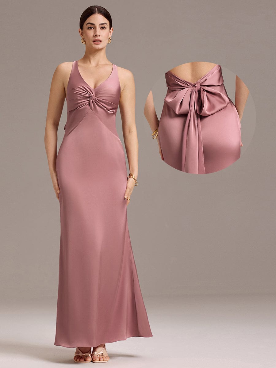 Elegant Bow Back Straps V-Neck Satin Mermaid Bridesmaid Dress