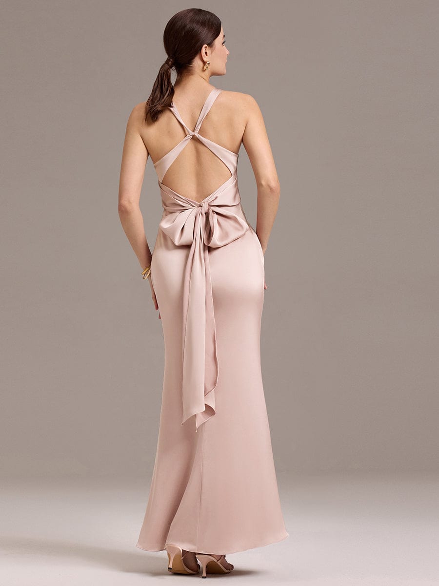 Elegant Bow Back Straps V-Neck Satin Mermaid Bridesmaid Dress