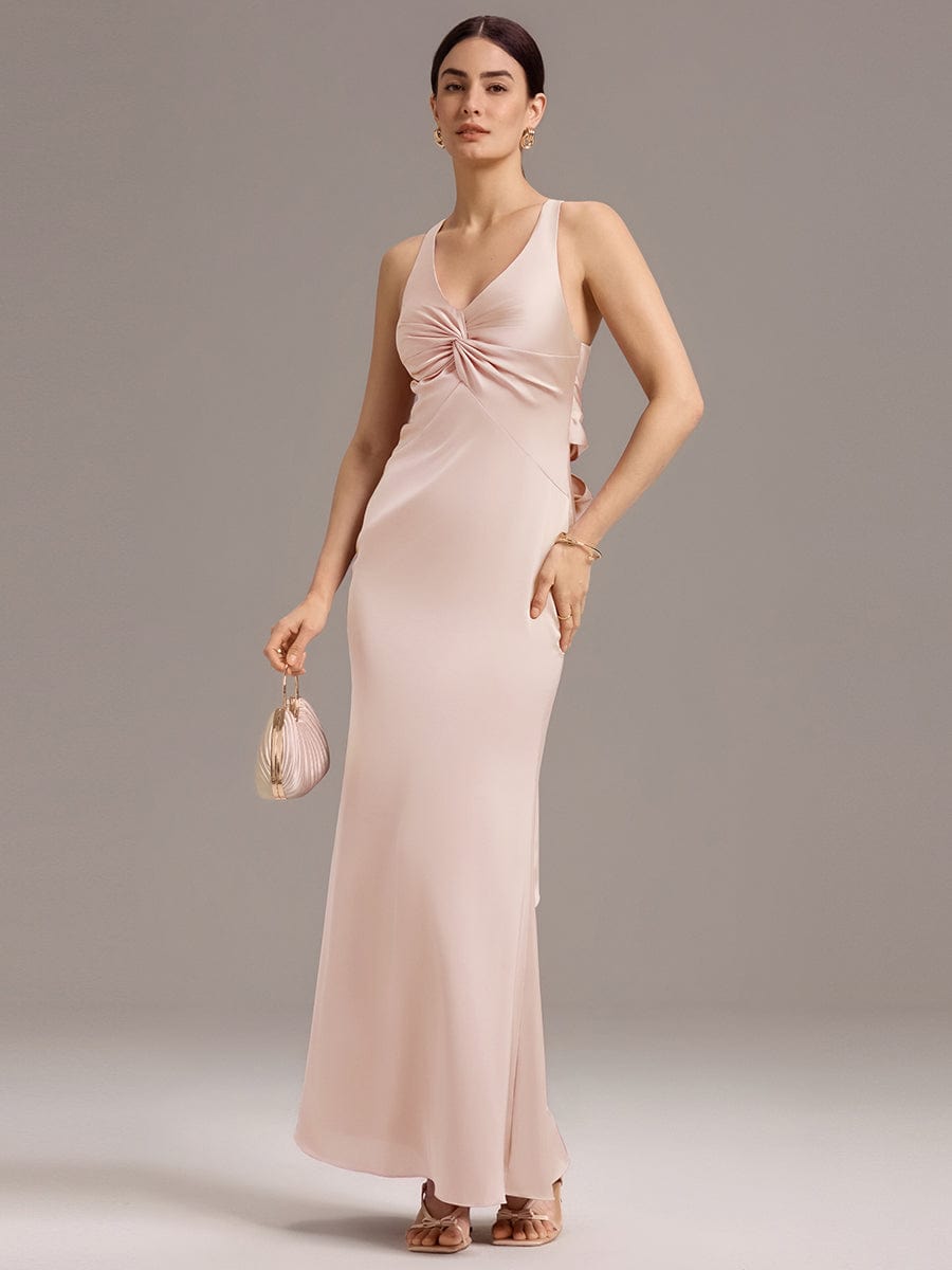 Elegant Bow Back Straps V-Neck Satin Mermaid Bridesmaid Dress