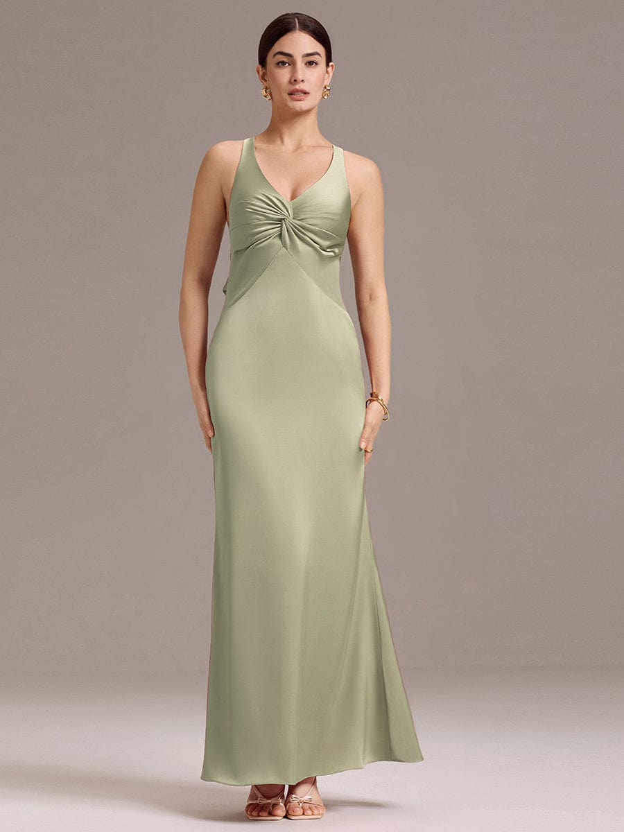 Elegant Bow Back Straps V-Neck Satin Mermaid Bridesmaid Dress