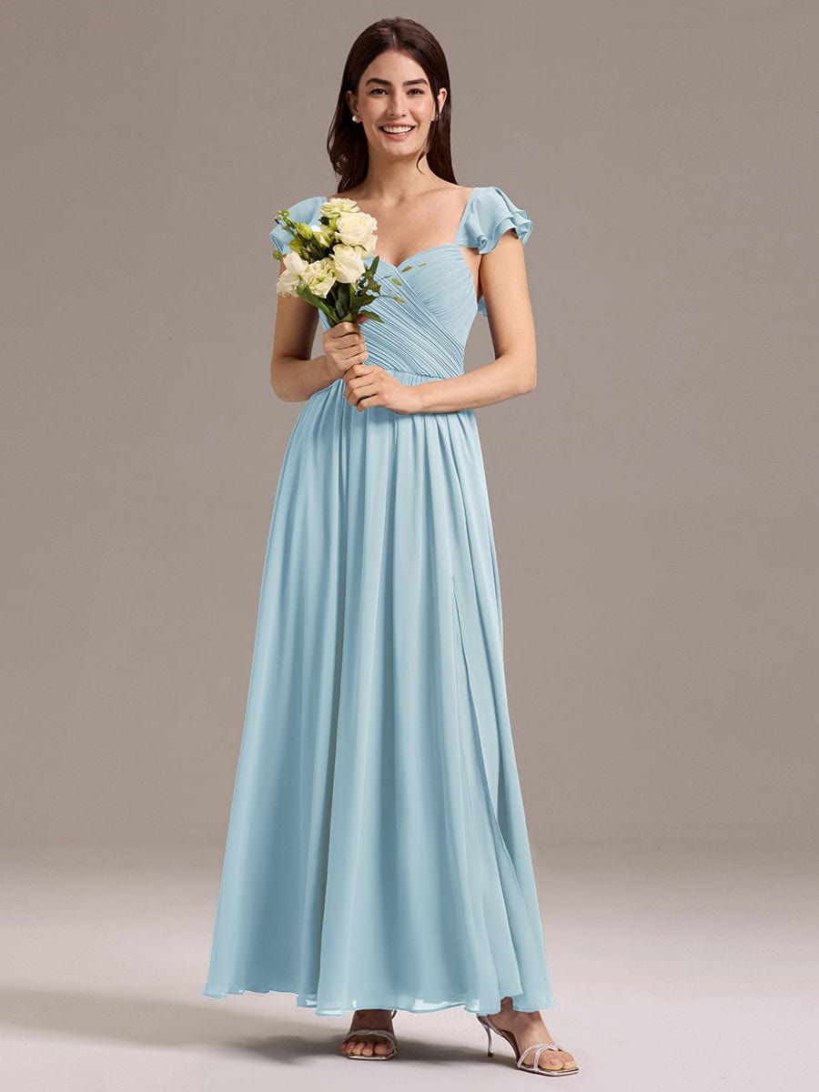 A-Line Chiffon Empire-Waist Side Slit Ruffles Cap Sleeve Bridesmaid Dress