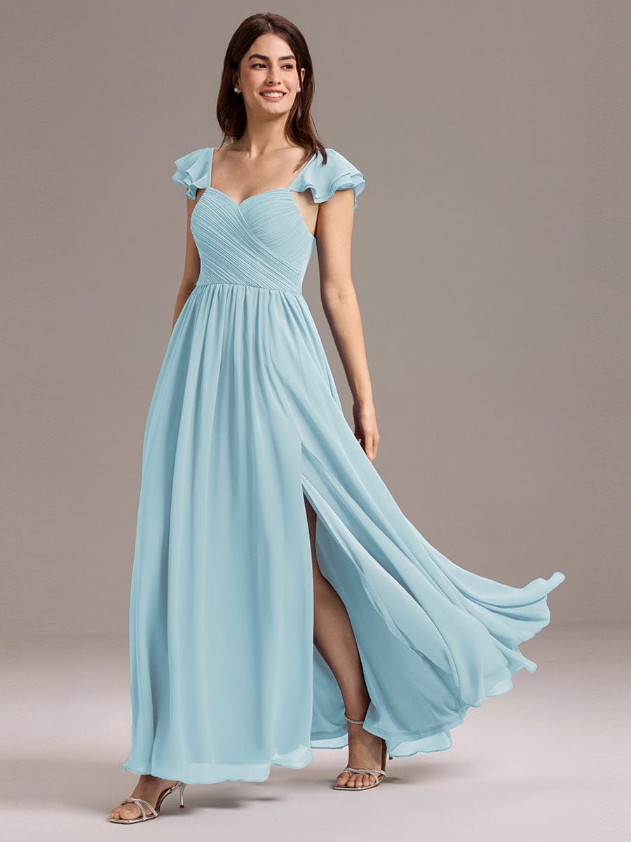 A-Line Chiffon Empire-Waist Side Slit Ruffles Cap Sleeve Bridesmaid Dress