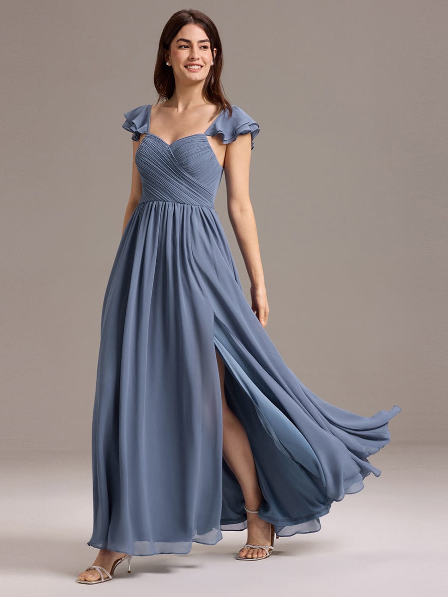 A-Line Chiffon Empire-Waist Side Slit Ruffles Cap Sleeve Bridesmaid Dress