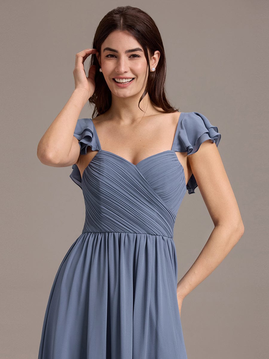 A-Line Chiffon Empire-Waist Side Slit Ruffles Cap Sleeve Bridesmaid Dress