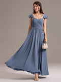 A-Line Chiffon Empire-Waist Side Slit Ruffles Cap Sleeve Bridesmaid Dress