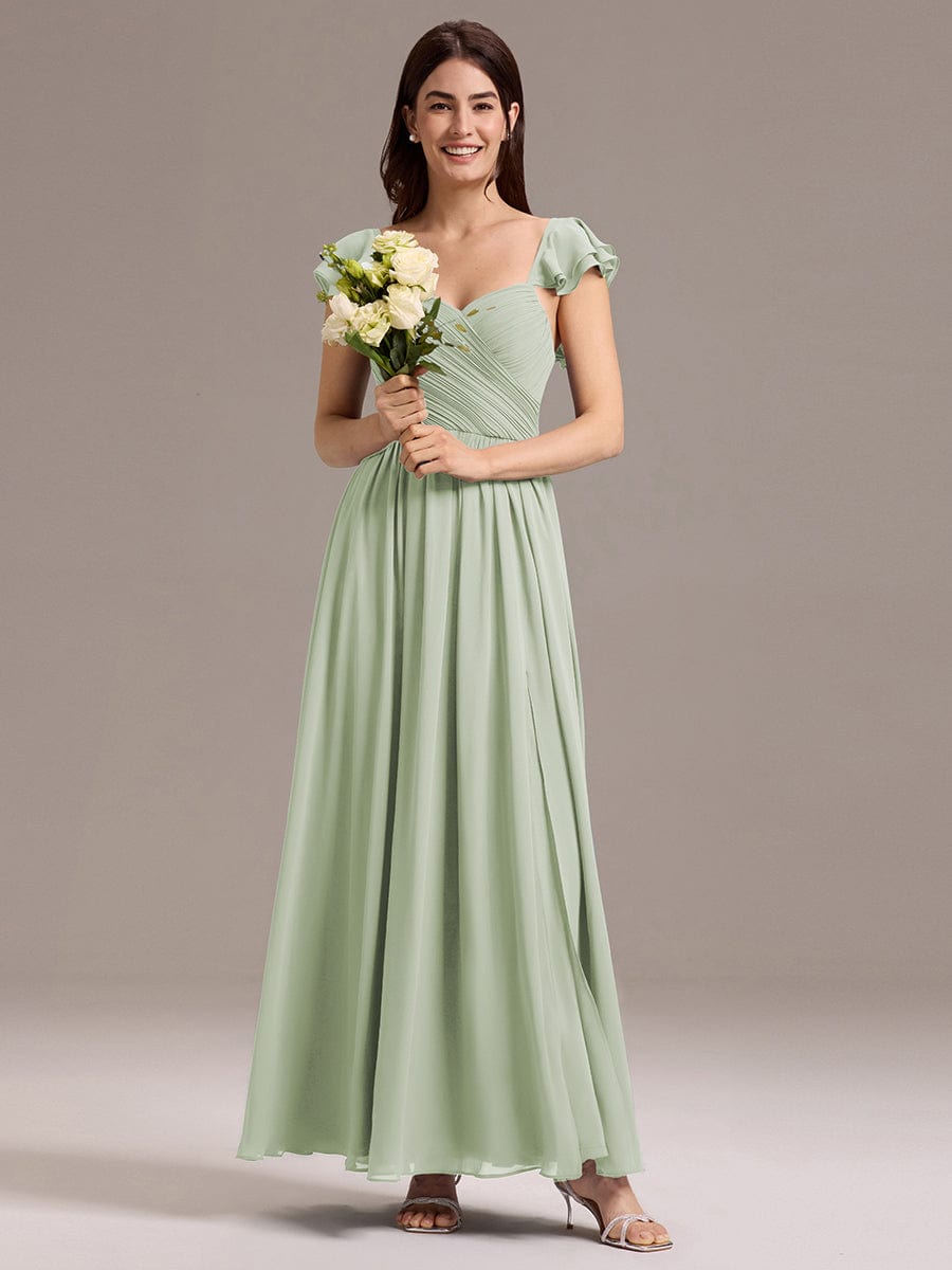 A-Line Chiffon Empire-Waist Side Slit Ruffles Cap Sleeve Bridesmaid Dress