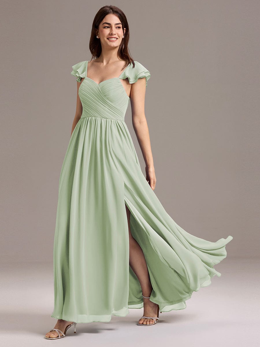 A-Line Chiffon Empire-Waist Side Slit Ruffles Cap Sleeve Bridesmaid Dress