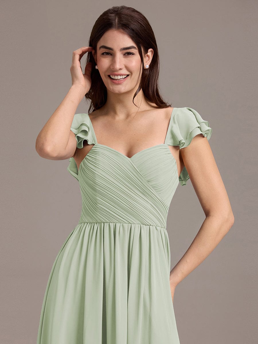 A-Line Chiffon Empire-Waist Side Slit Ruffles Cap Sleeve Bridesmaid Dress