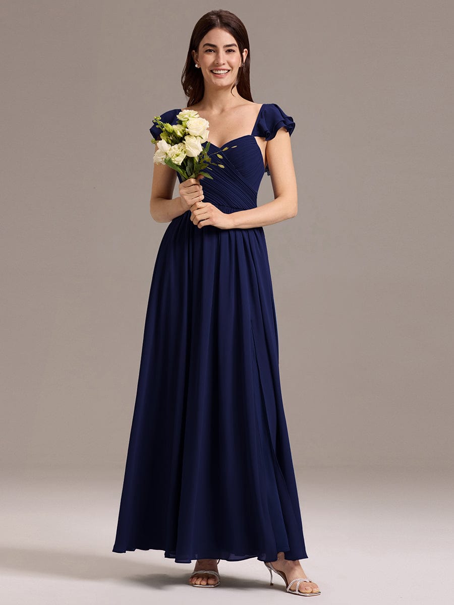A-Line Chiffon Empire-Waist Side Slit Ruffles Cap Sleeve Bridesmaid Dress