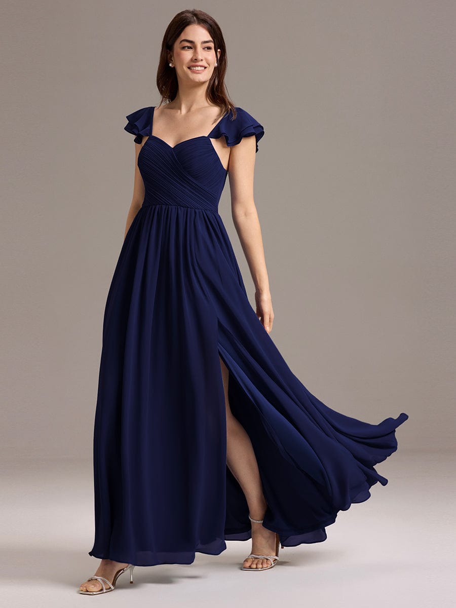 A-Line Chiffon Empire-Waist Side Slit Ruffles Cap Sleeve Bridesmaid Dress