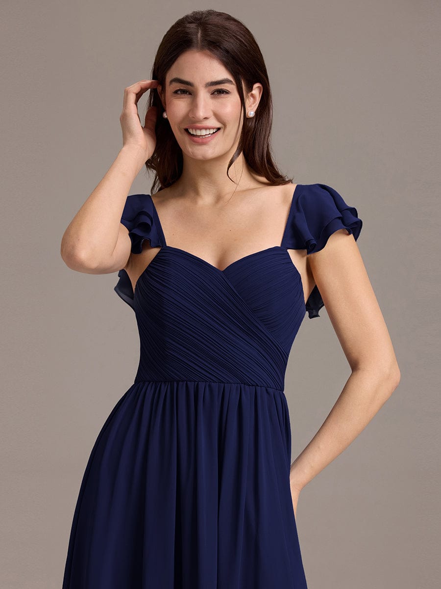 A-Line Chiffon Empire-Waist Side Slit Ruffles Cap Sleeve Bridesmaid Dress