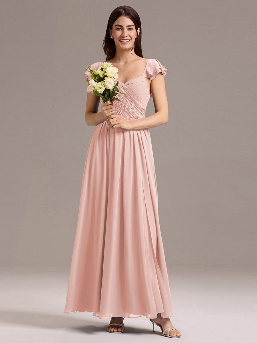 A-Line Chiffon Empire-Waist Side Slit Ruffles Cap Sleeve Bridesmaid Dress