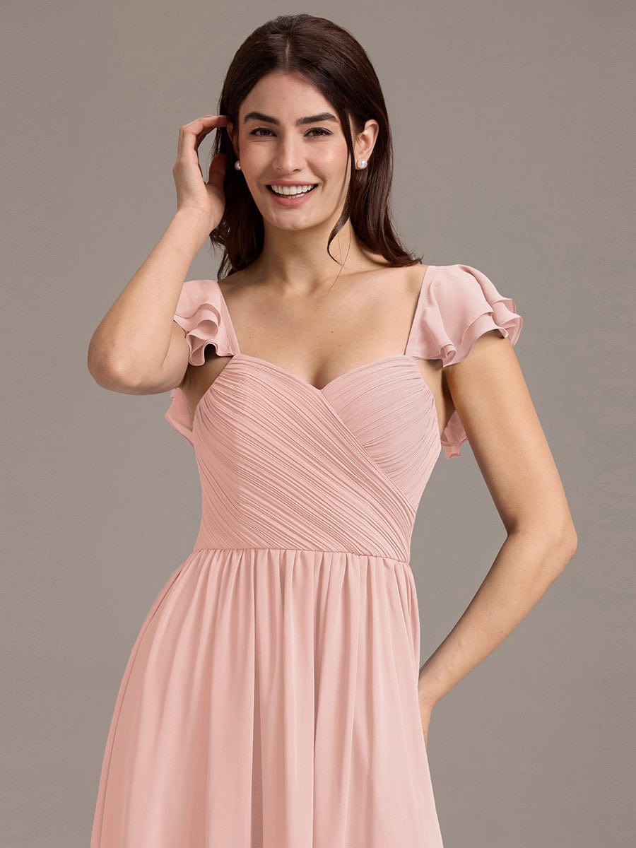 A-Line Chiffon Empire-Waist Side Slit Ruffles Cap Sleeve Bridesmaid Dress