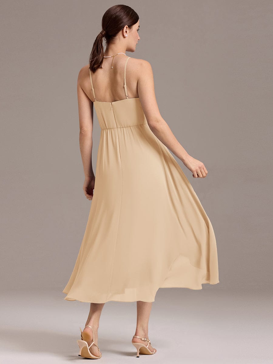 A-Line Spaghetti Straps Ruched Chiffon Backless Sleeveless Bridesmaid Dress