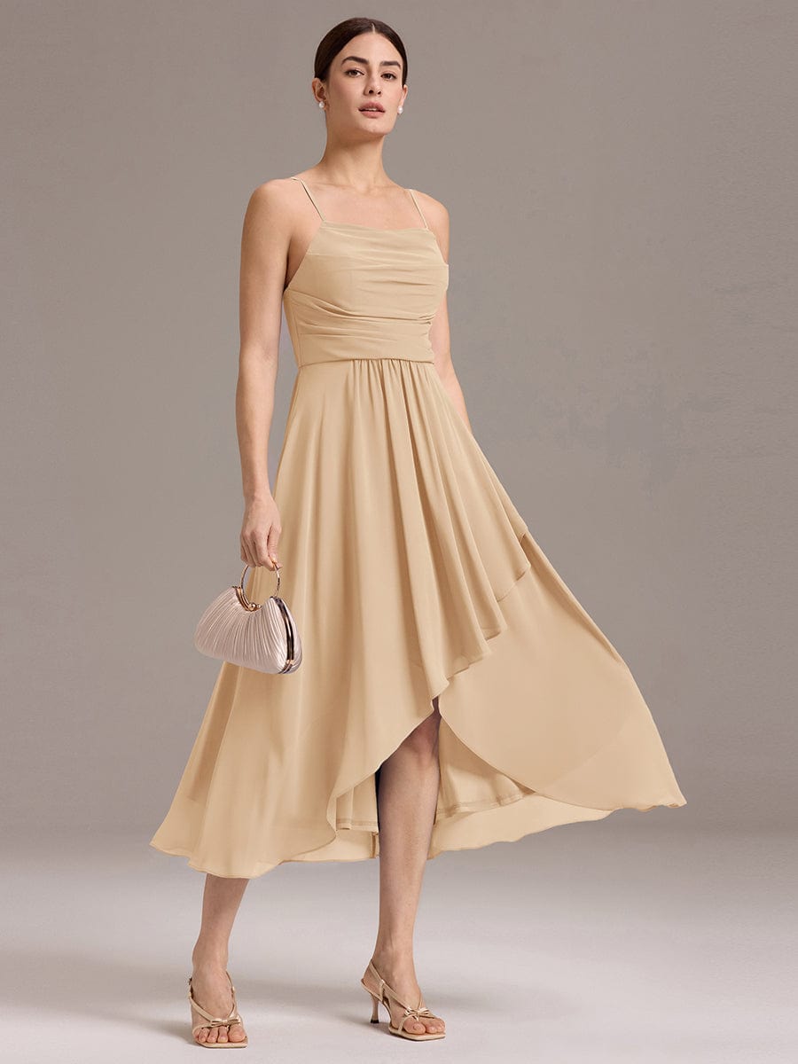 A-Line Spaghetti Straps Ruched Chiffon Backless Sleeveless Bridesmaid Dress