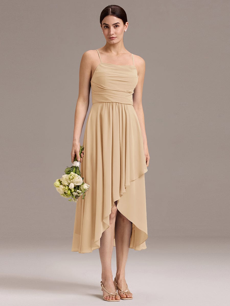 A-Line Spaghetti Straps Ruched Chiffon Backless Sleeveless Bridesmaid Dress