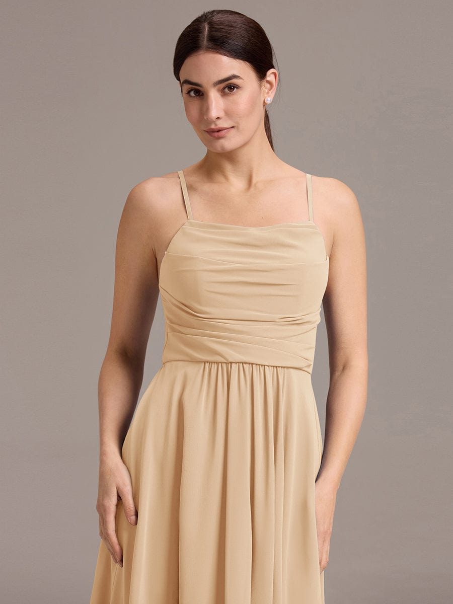 A-Line Spaghetti Straps Ruched Chiffon Backless Sleeveless Bridesmaid Dress