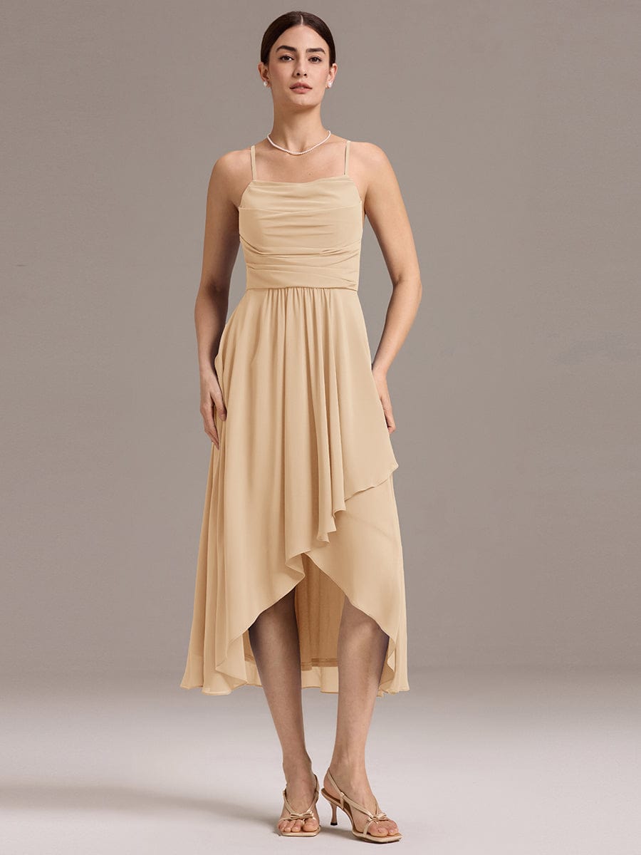 A-Line Spaghetti Straps Ruched Chiffon Backless Sleeveless Bridesmaid Dress
