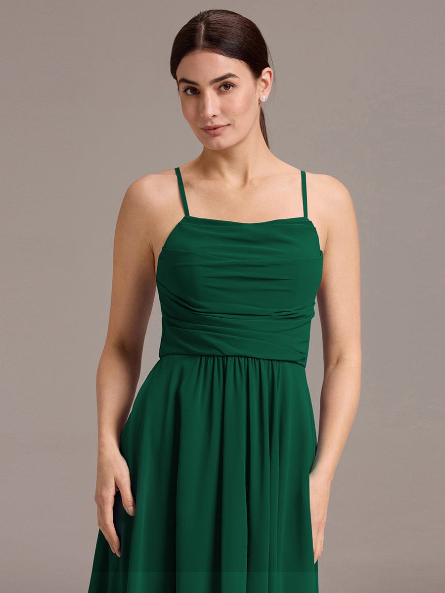 A-Line Spaghetti Straps Ruched Chiffon Backless Sleeveless Bridesmaid Dress