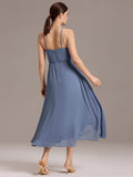 A-Line Spaghetti Straps Ruched Chiffon Backless Sleeveless Bridesmaid Dress