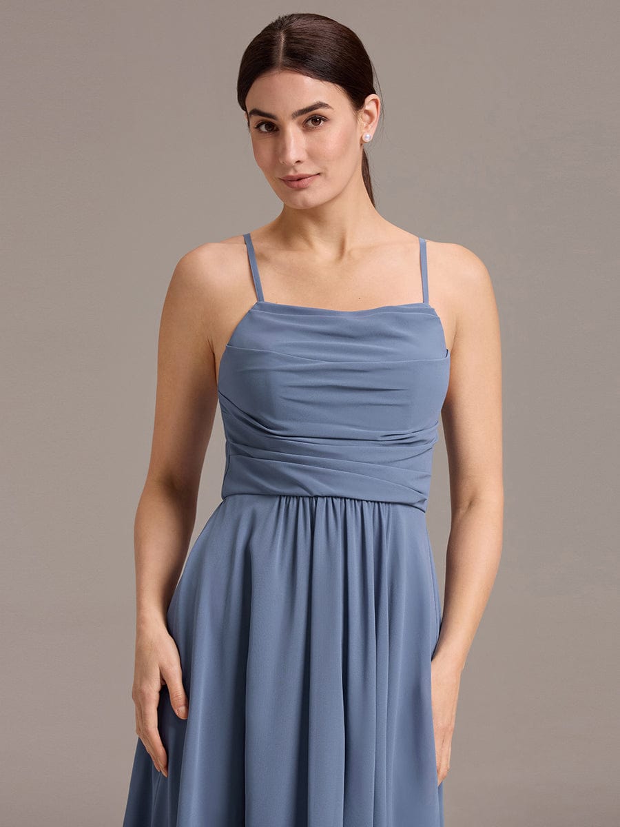 A-Line Spaghetti Straps Ruched Chiffon Backless Sleeveless Bridesmaid Dress