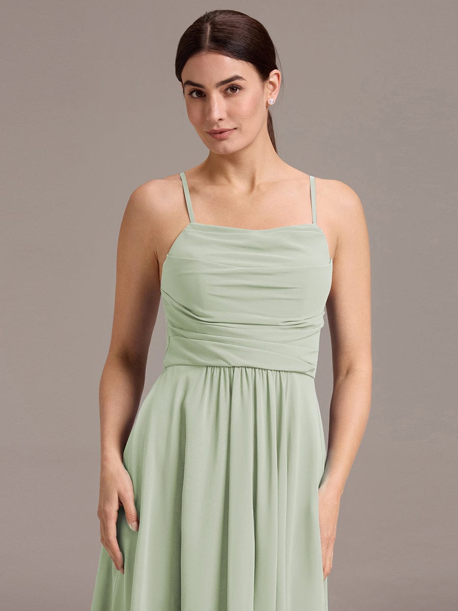 A-Line Spaghetti Straps Ruched Chiffon Backless Sleeveless Bridesmaid Dress