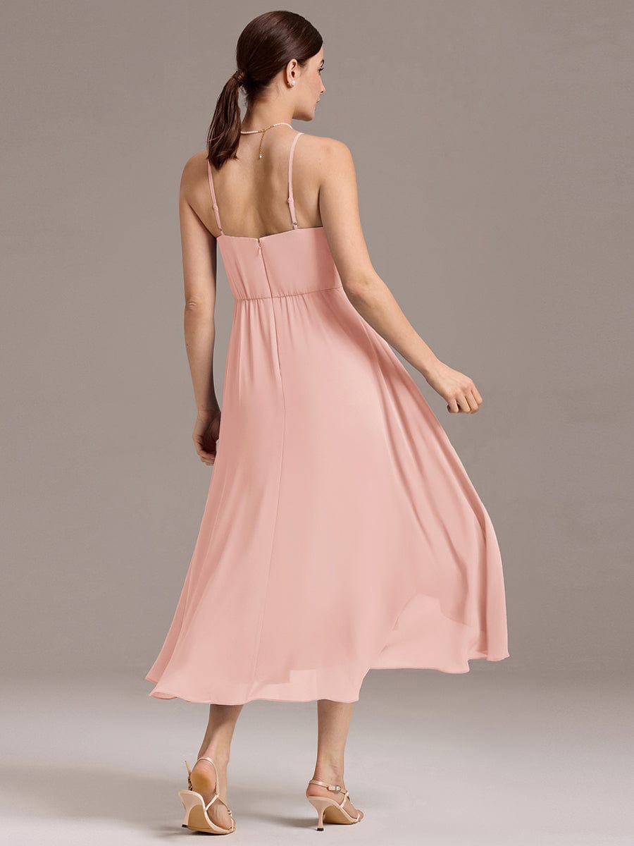A-Line Spaghetti Straps Ruched Chiffon Backless Sleeveless Bridesmaid Dress