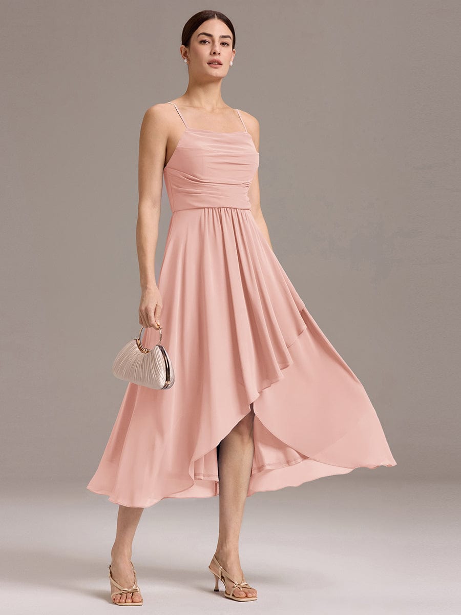 A-Line Spaghetti Straps Ruched Chiffon Backless Sleeveless Bridesmaid Dress