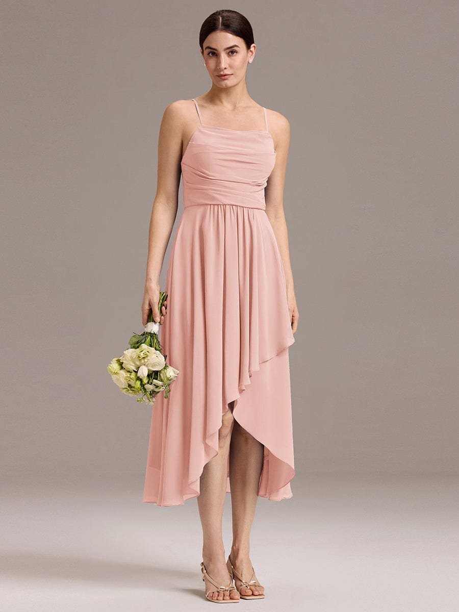 A-Line Spaghetti Straps Ruched Chiffon Backless Sleeveless Bridesmaid Dress