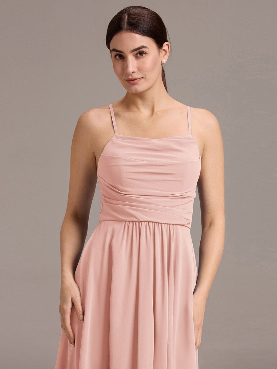 A-Line Spaghetti Straps Ruched Chiffon Backless Sleeveless Bridesmaid Dress