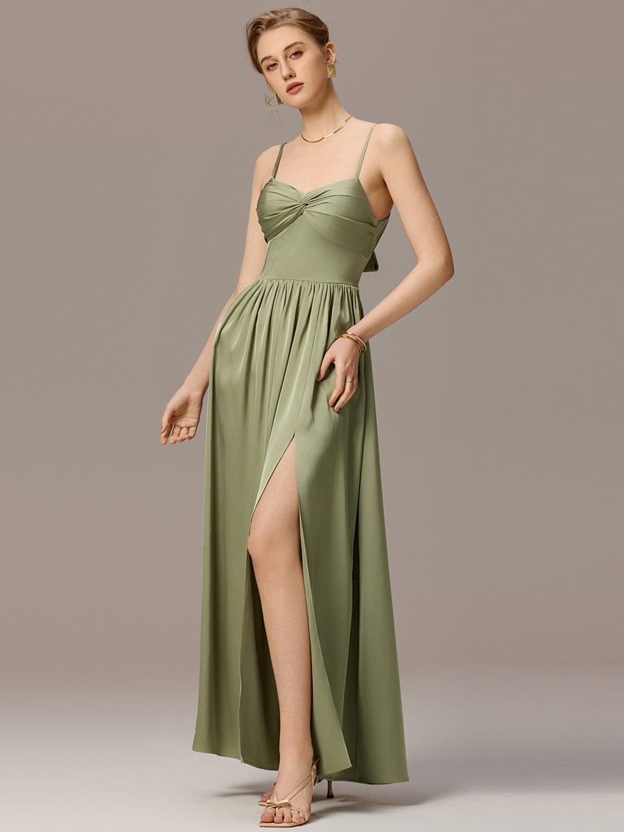Spaghetti Straps Pleated Tie Satin Sleeveless Bridesmaid Dress
