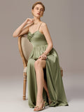 Spaghetti Straps Pleated Tie Satin Sleeveless Bridesmaid Dress