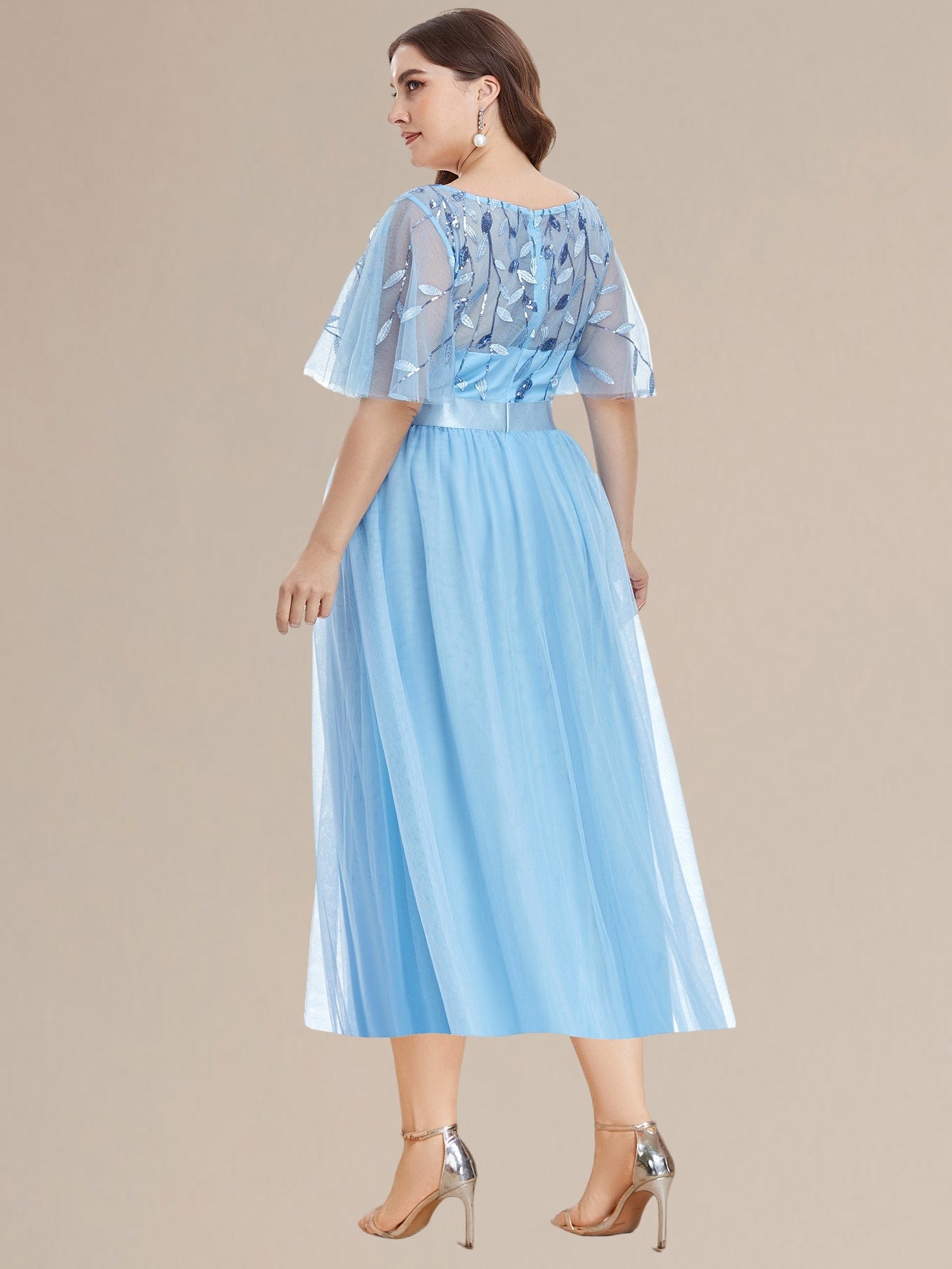 Plus Size A-Line Empire-Waist Sequin Appliques Wedding Guest Dress