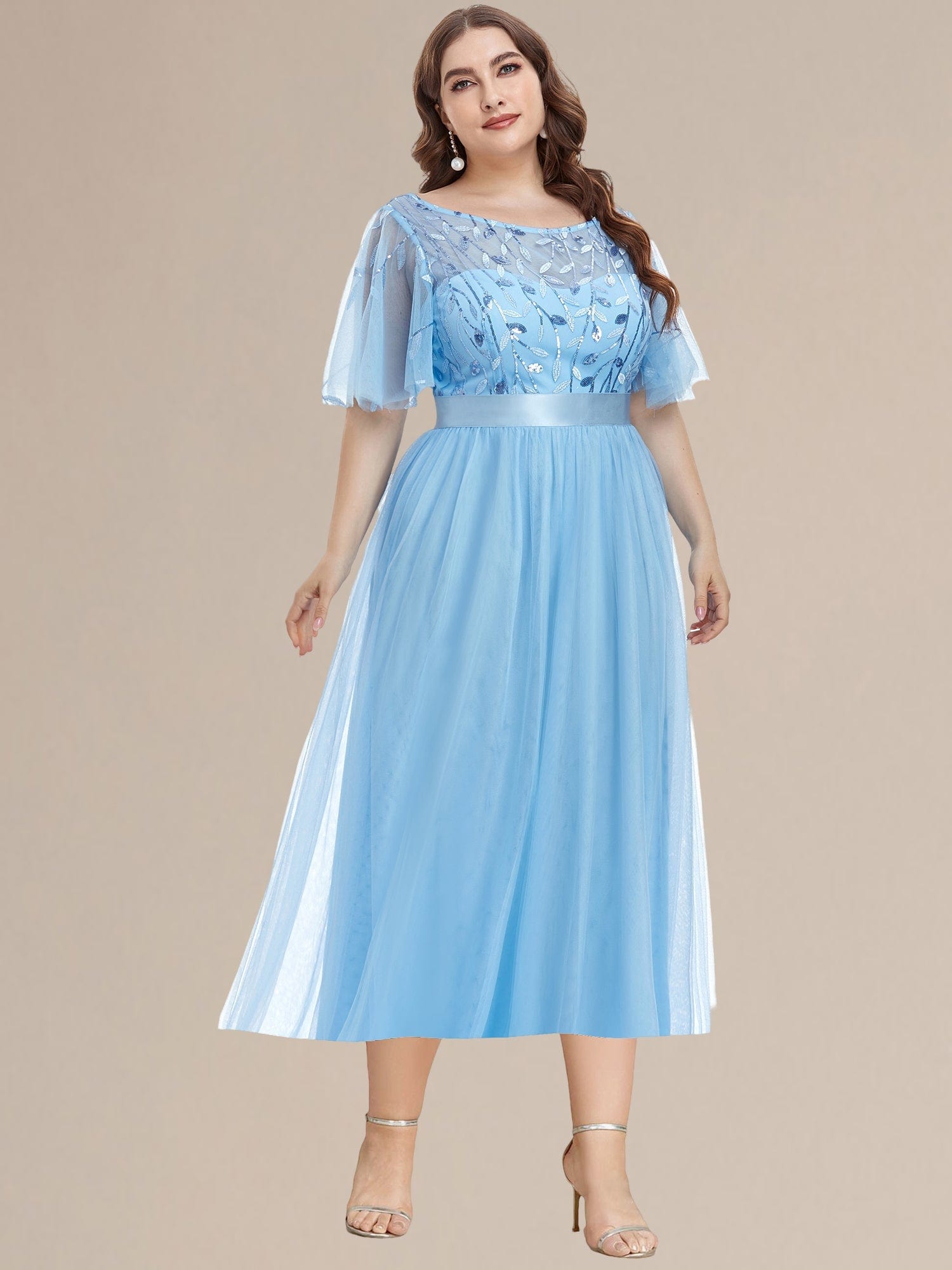Plus Size A-Line Empire-Waist Sequin Appliques Wedding Guest Dress
