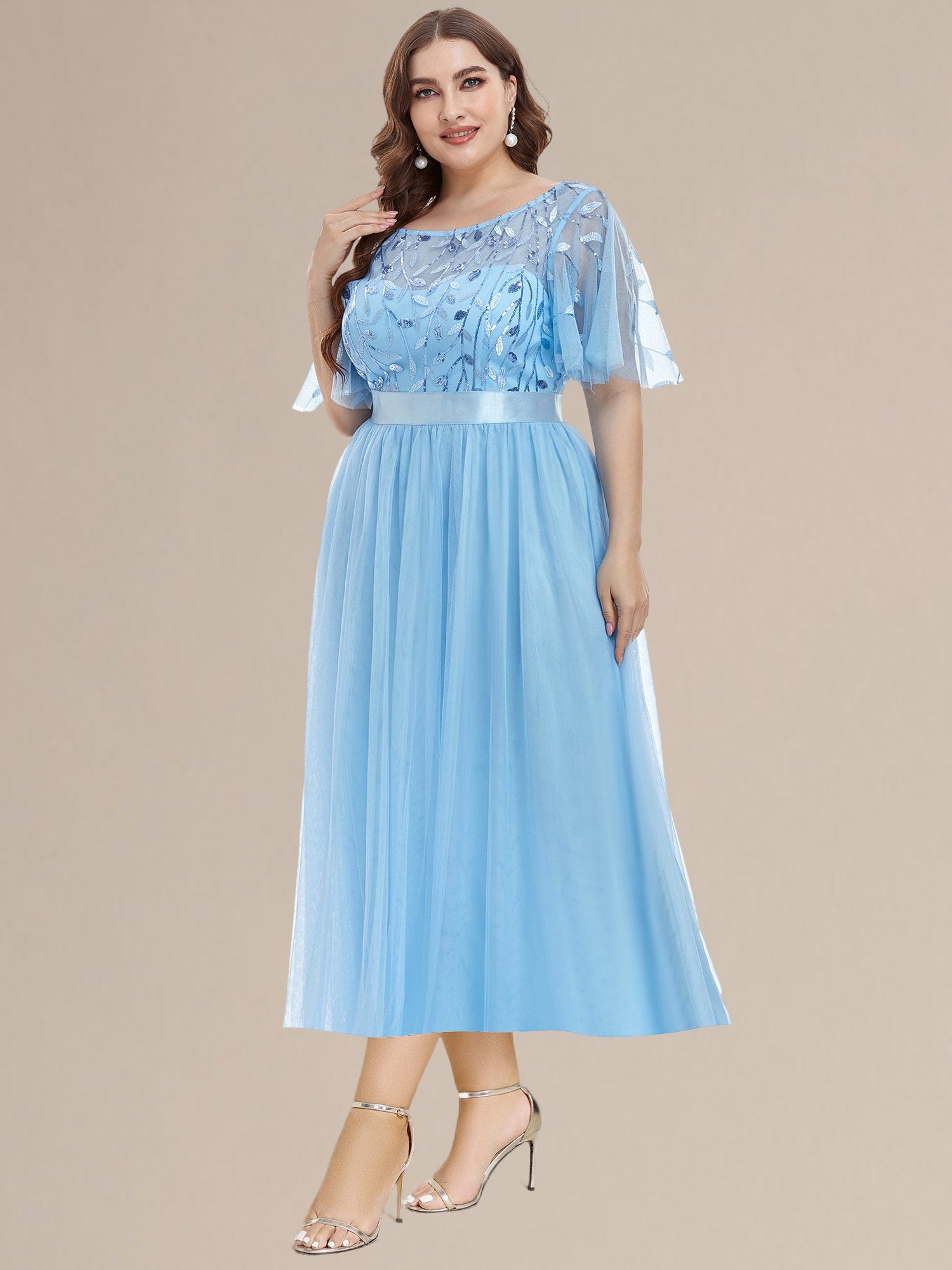 Plus Size A-Line Empire-Waist Sequin Appliques Wedding Guest Dress