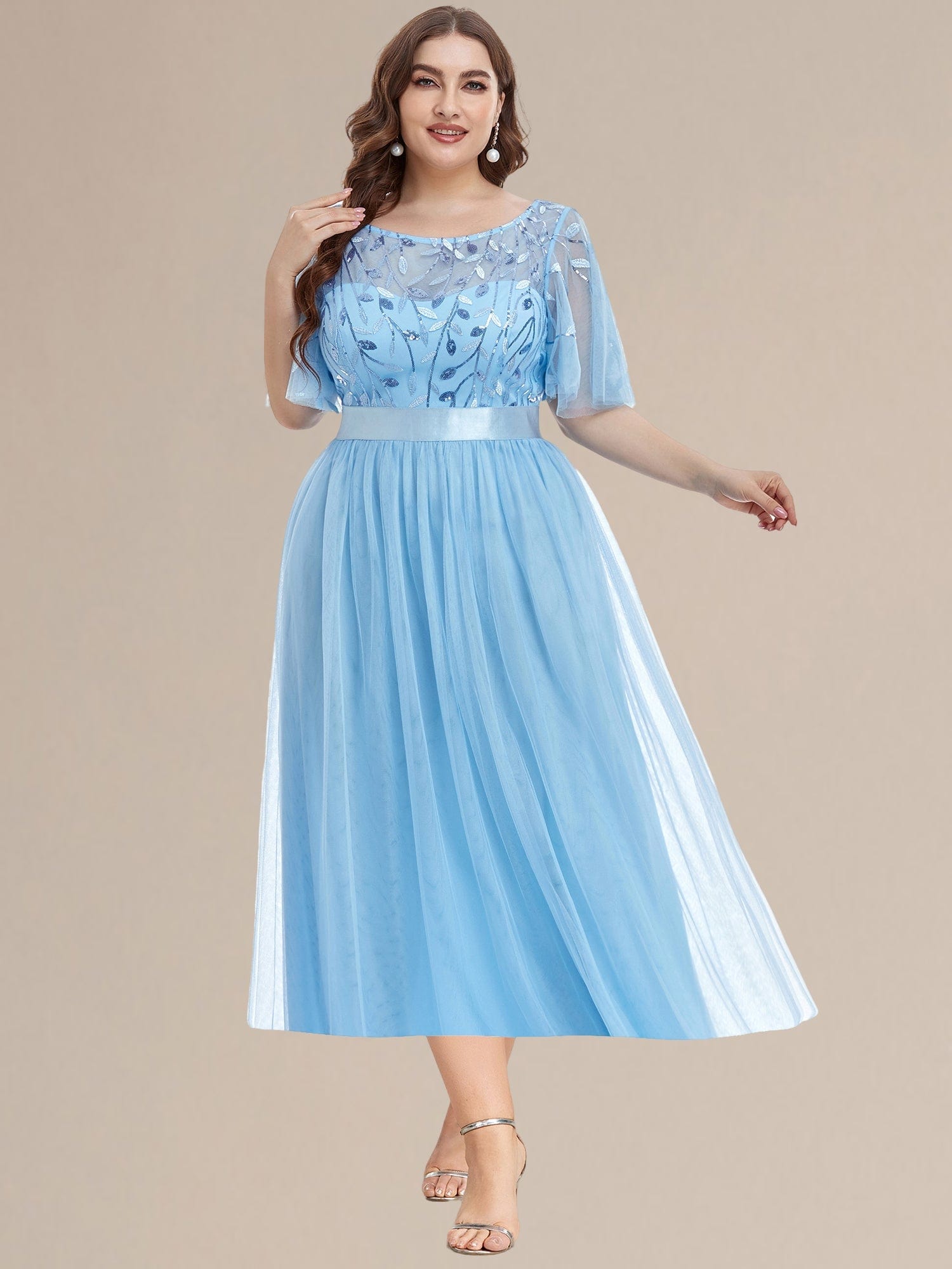 Plus Size A-Line Empire-Waist Sequin Appliques Wedding Guest Dress