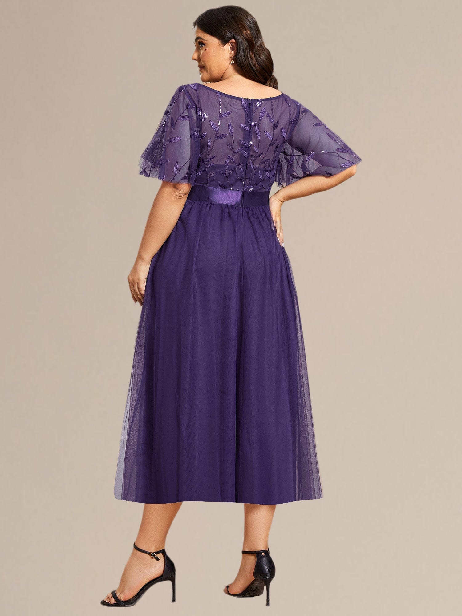 Plus Size A-Line Empire-Waist Sequin Appliques Wedding Guest Dress