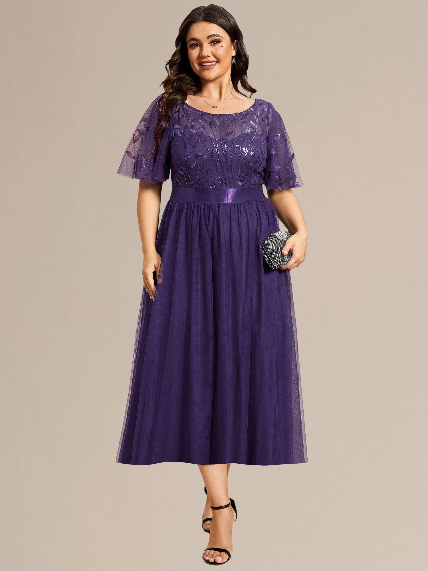 Plus Size A-Line Empire-Waist Sequin Appliques Wedding Guest Dress