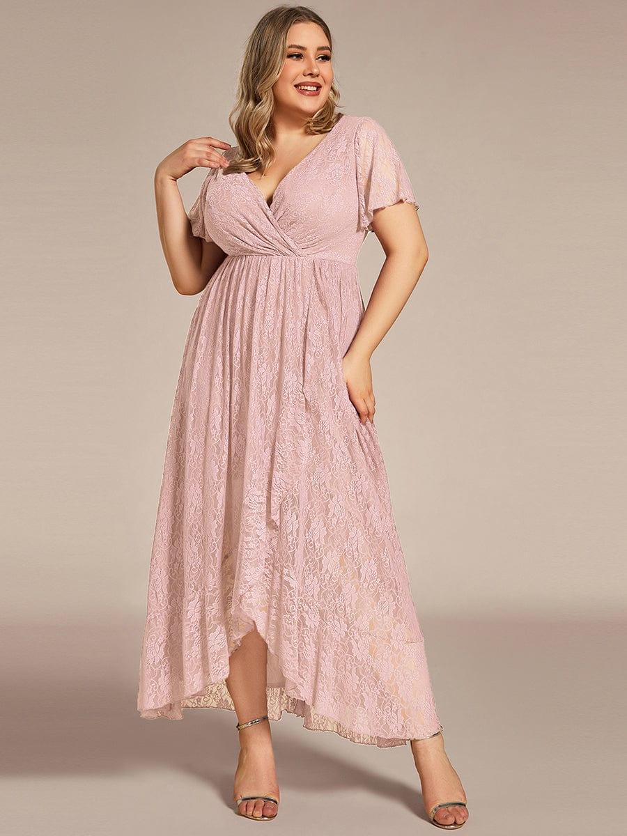 A-Line V-Neck Ruffles Lace Short Sleeve Formal Evening Dress