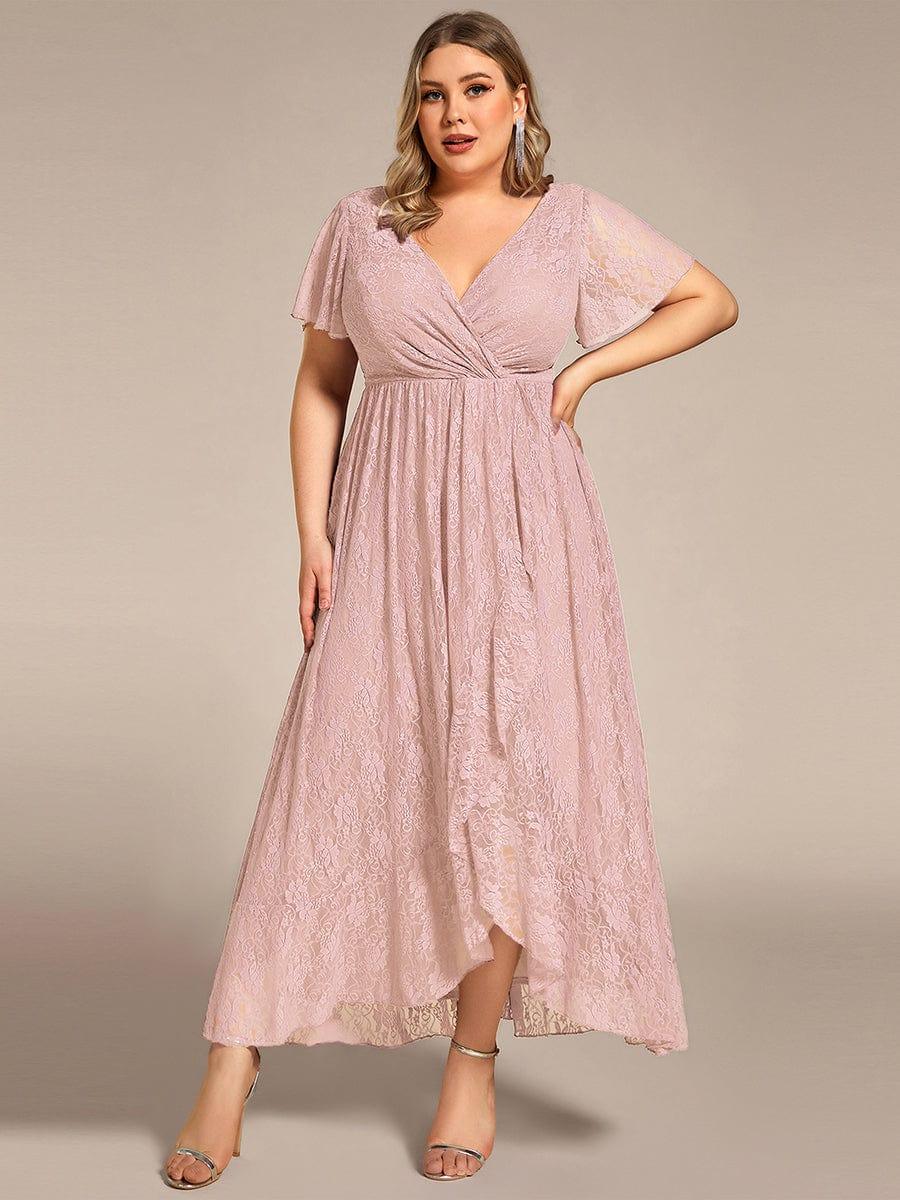 A-Line V-Neck Ruffles Lace Short Sleeve Formal Evening Dress