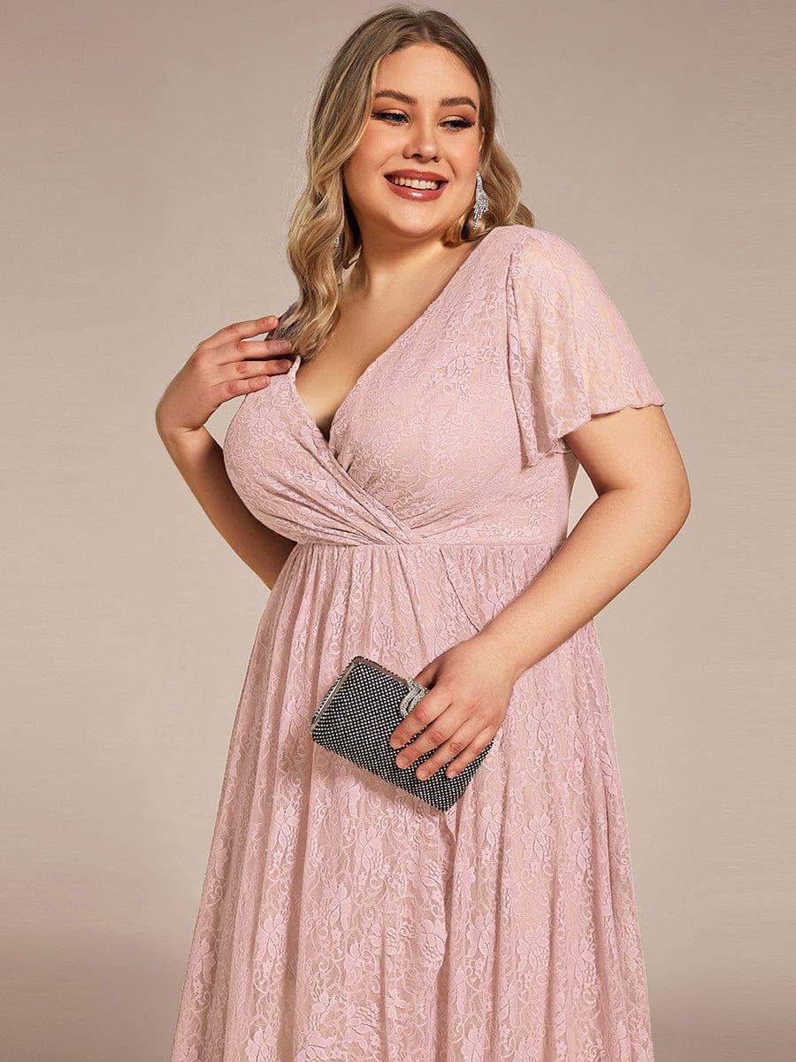 A-Line V-Neck Ruffles Lace Short Sleeve Formal Evening Dress