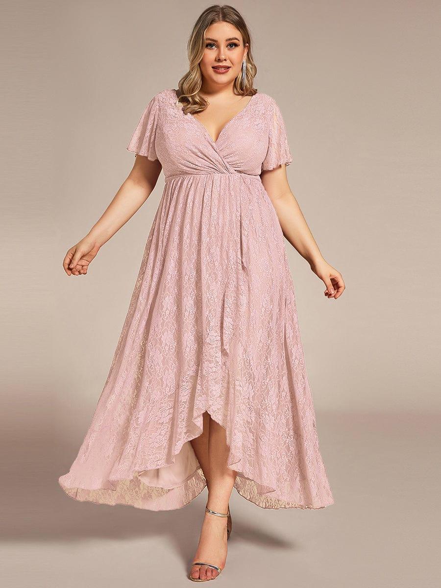 A-Line V-Neck Ruffles Lace Short Sleeve Formal Evening Dress