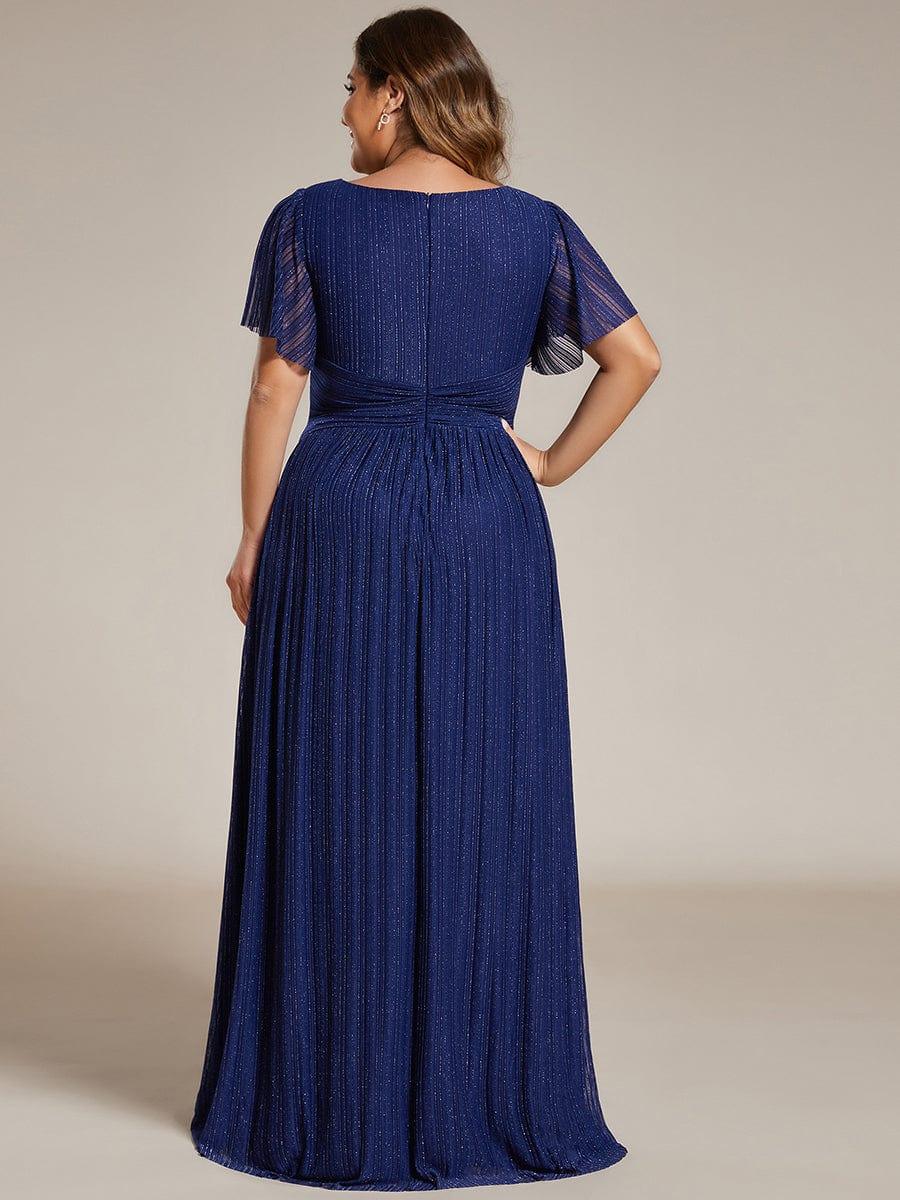 Plus Size A-Line V-Neck Short Sleeves Pleated Sparkly Formal Evening Dress