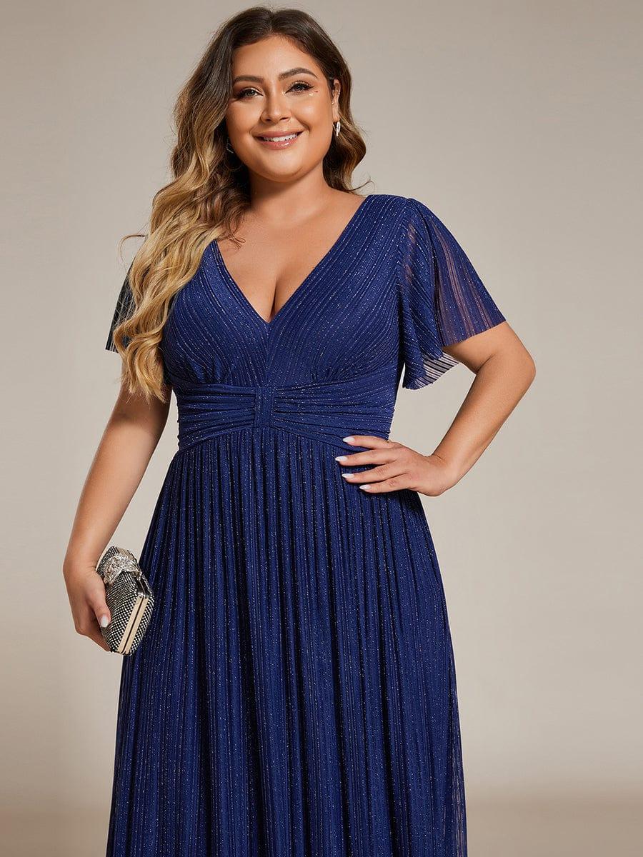 Plus Size A-Line V-Neck Short Sleeves Pleated Sparkly Formal Evening Dress