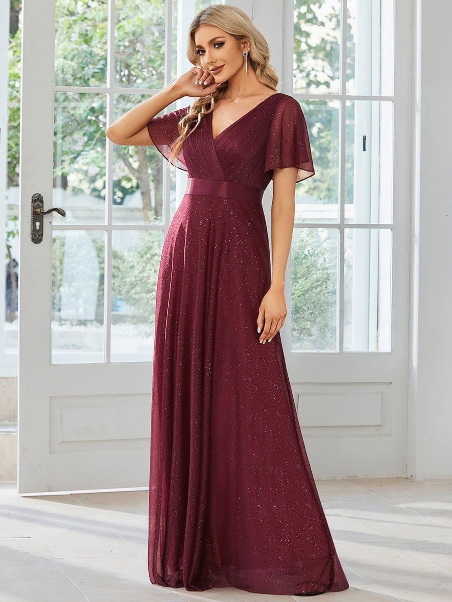 A-Line Glitter V-Neck Short Sleeve Pleated Wedding Guest Dress