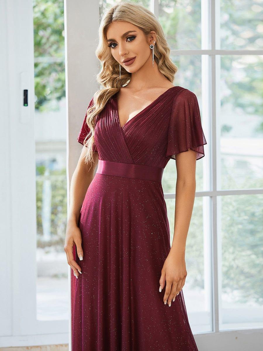 Glitter Short Sleeve A-Line V-Neck Empire-Waist Pleated Bridesmaid Dress