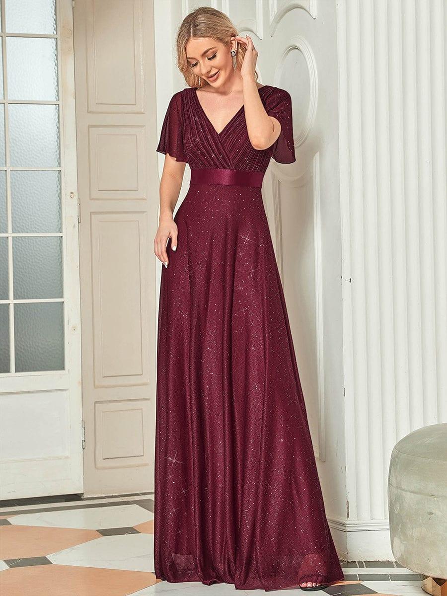 Glitter Short Sleeve A-Line V-Neck Empire-Waist Pleated Bridesmaid Dress