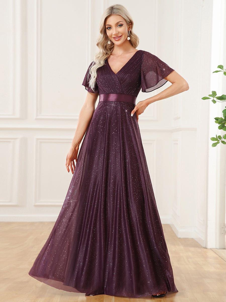 A-Line Glitter V-Neck Short Sleeve Pleated Wedding Guest Dress