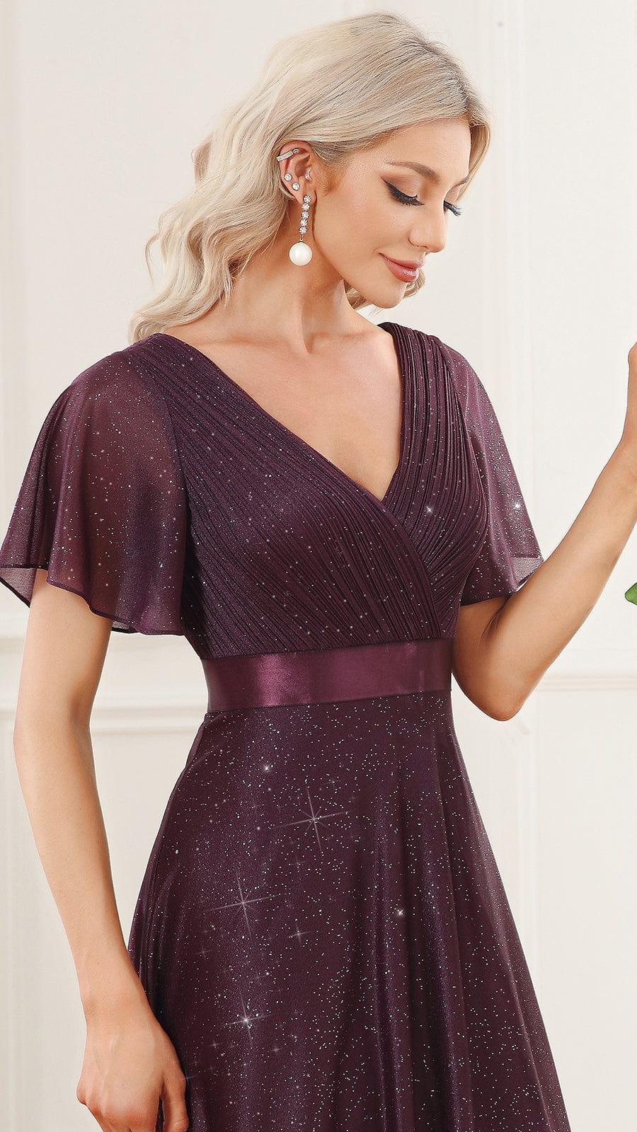 A-Line Glitter V-Neck Short Sleeve Pleated Wedding Guest Dress